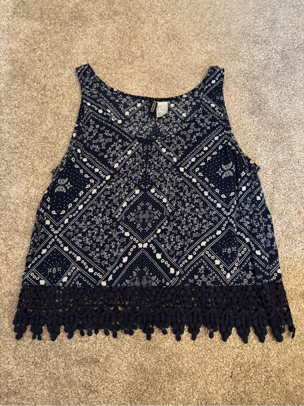 H&M Divided Printed Fringe Tank Top in Navy & White Size XS